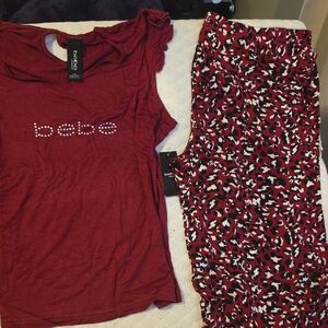 Bebe Burgundy Top and Abstract Print Pants